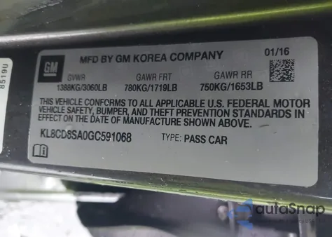 2016 Chevrolet Spark 1Lt Cvt z USA, uszkodzony, nr VIN KL8CD6SA0GC591068